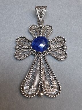 Vintage Turkish Telkari 925 Silver Filigree Cross Pendant w Faceted Lapis Lazuli